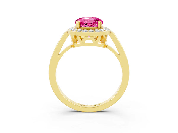 Yellow gold Round Cut Pink Sapphire Halo Ring with Split Shank and Four-Prong Setting