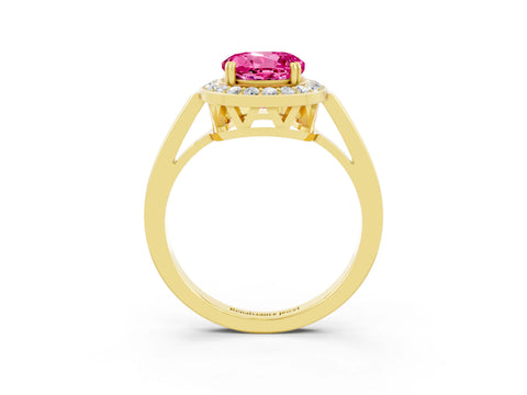 Yellow gold {shape_name} Pink Sapphire Halo Ring with Split Shank and Four-Prong Setting_3