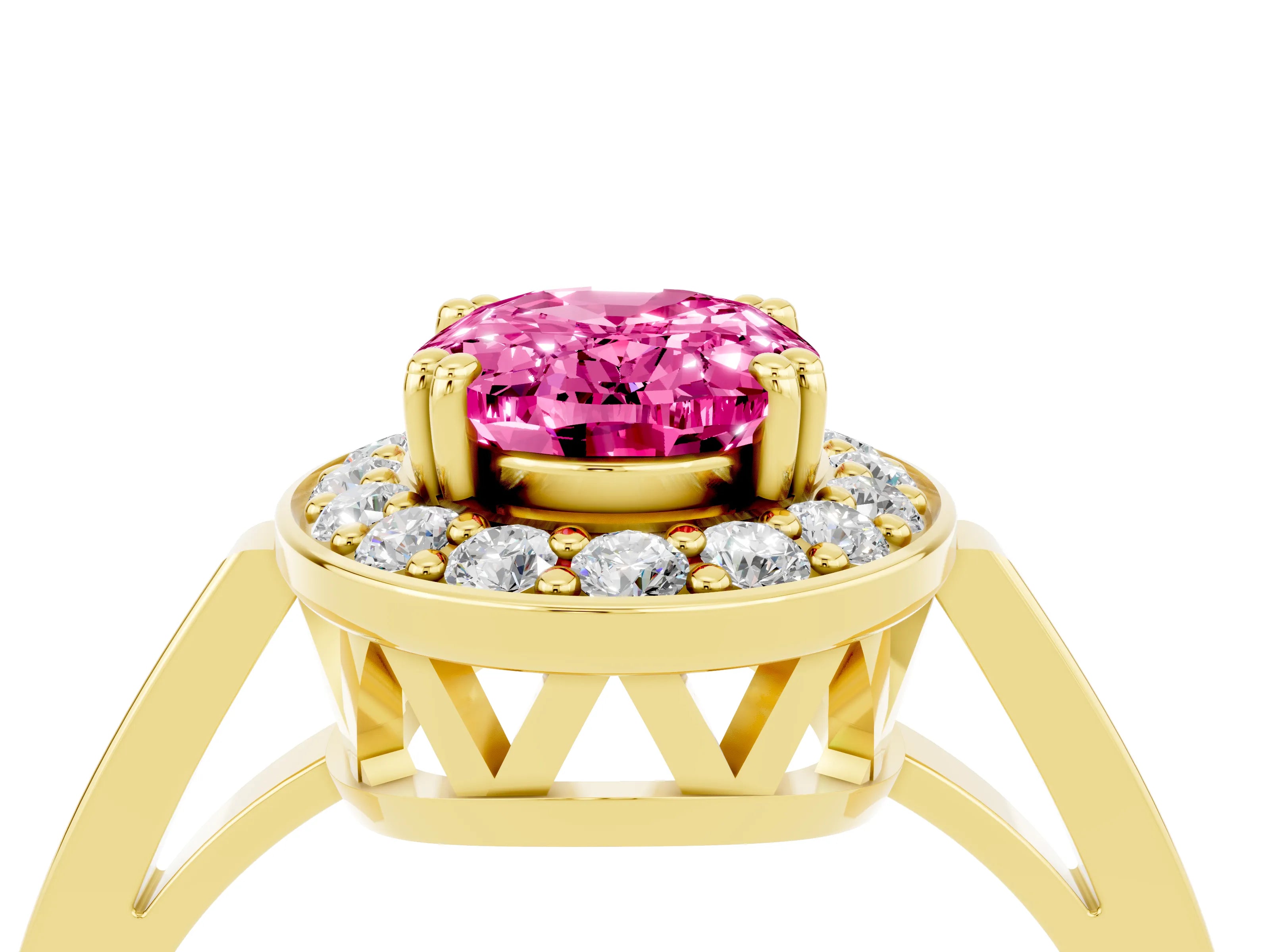 Yellow gold {shape_name} Pink Sapphire Halo Ring with Split Shank and Four-Prong Setting_4