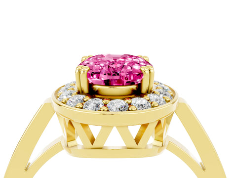 Yellow gold {shape_name} Pink Sapphire Halo Ring with Split Shank and Four-Prong Setting_4