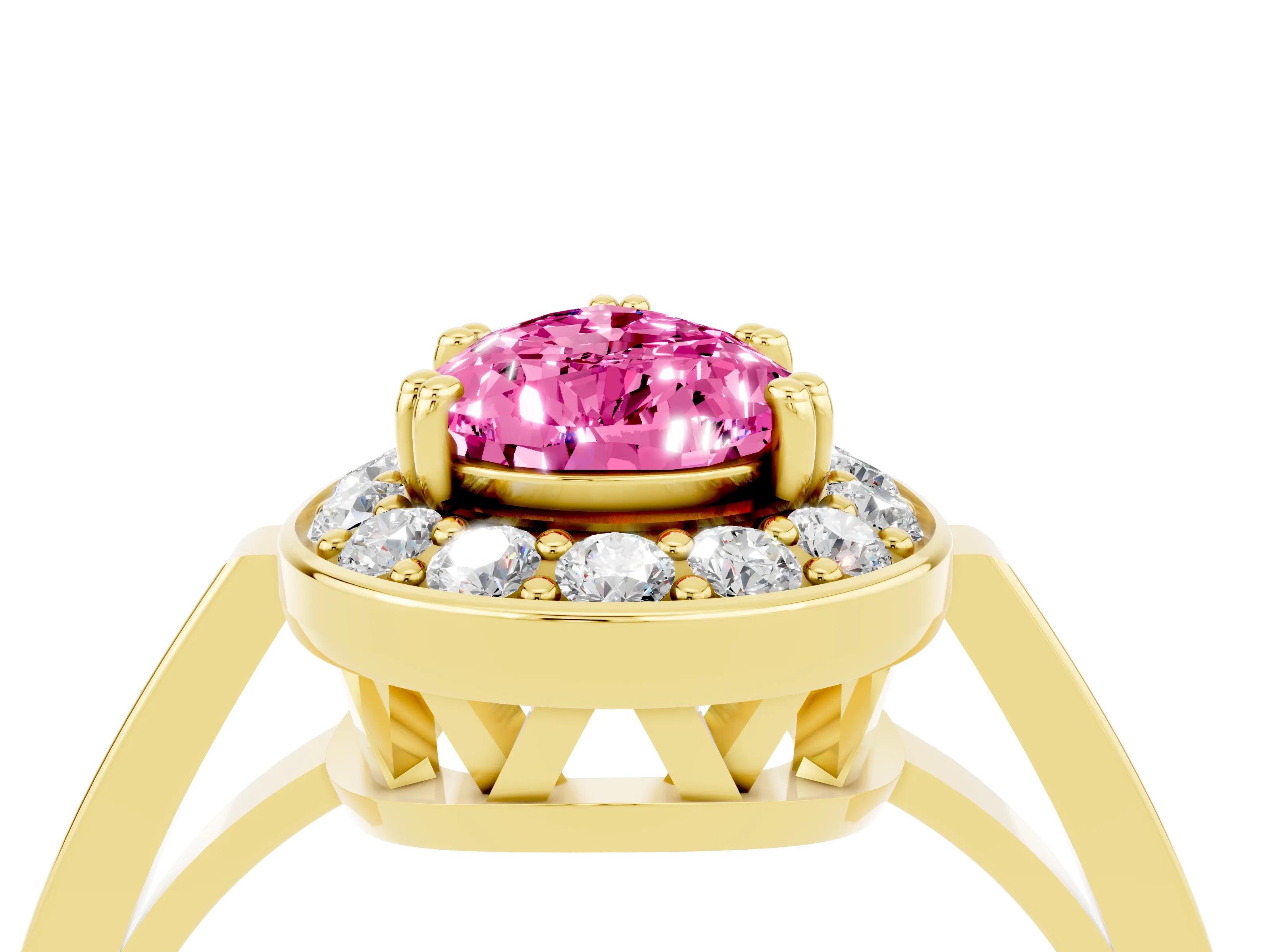 Yellow gold {shape_name} Pink Sapphire Halo Ring with Split Shank and Four-Prong Setting_4