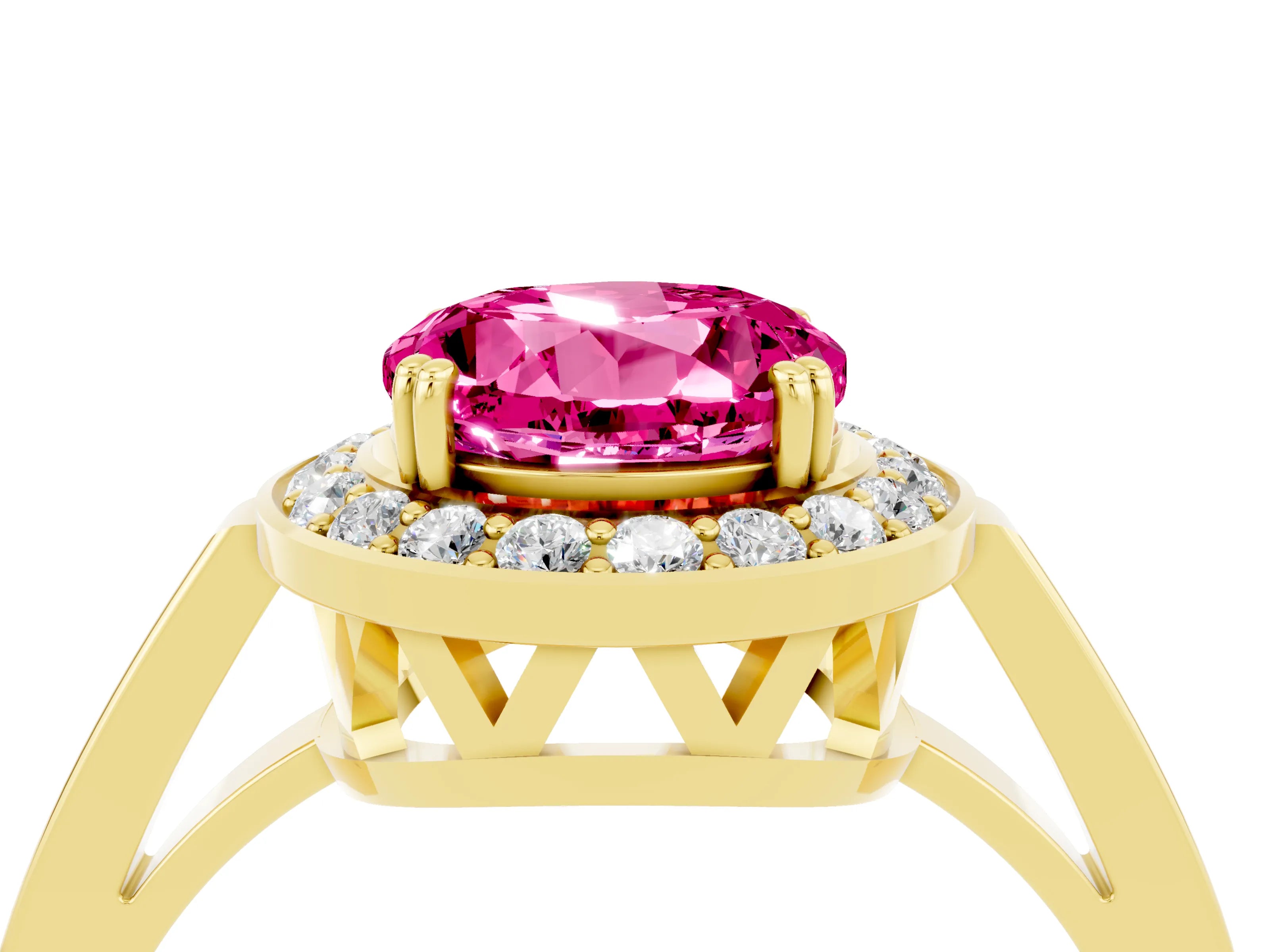 Yellow gold {shape_name} Pink Sapphire Halo Ring with Split Shank and Four-Prong Setting_4