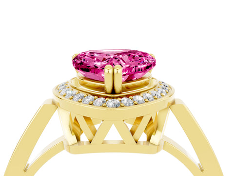 Yellow gold {shape_name} Pink Sapphire Halo Ring with Split Shank and Four-Prong Setting_4