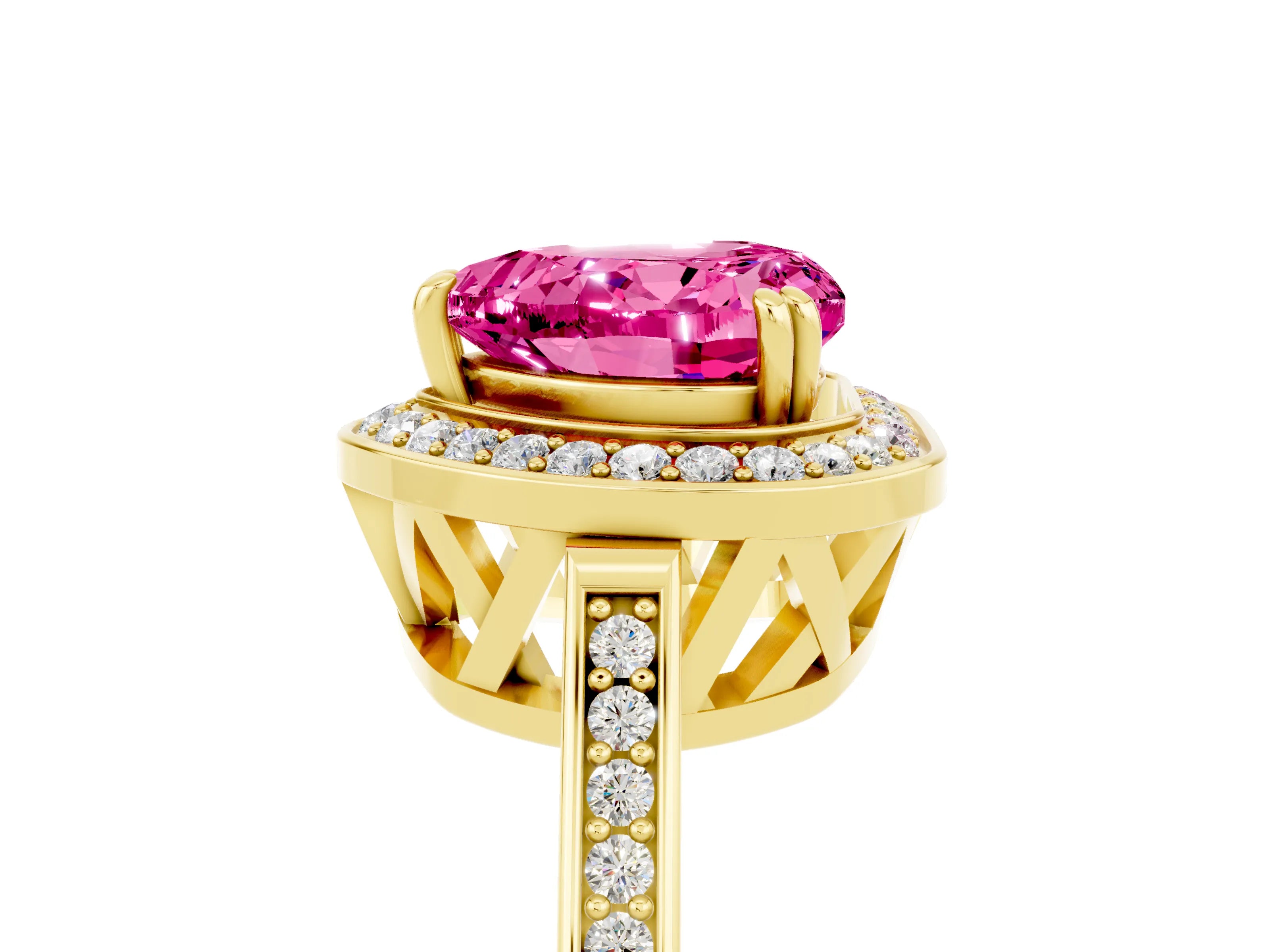 Yellow gold {shape_name} Pink Sapphire Halo Ring with Split Shank and Four-Prong Setting_5