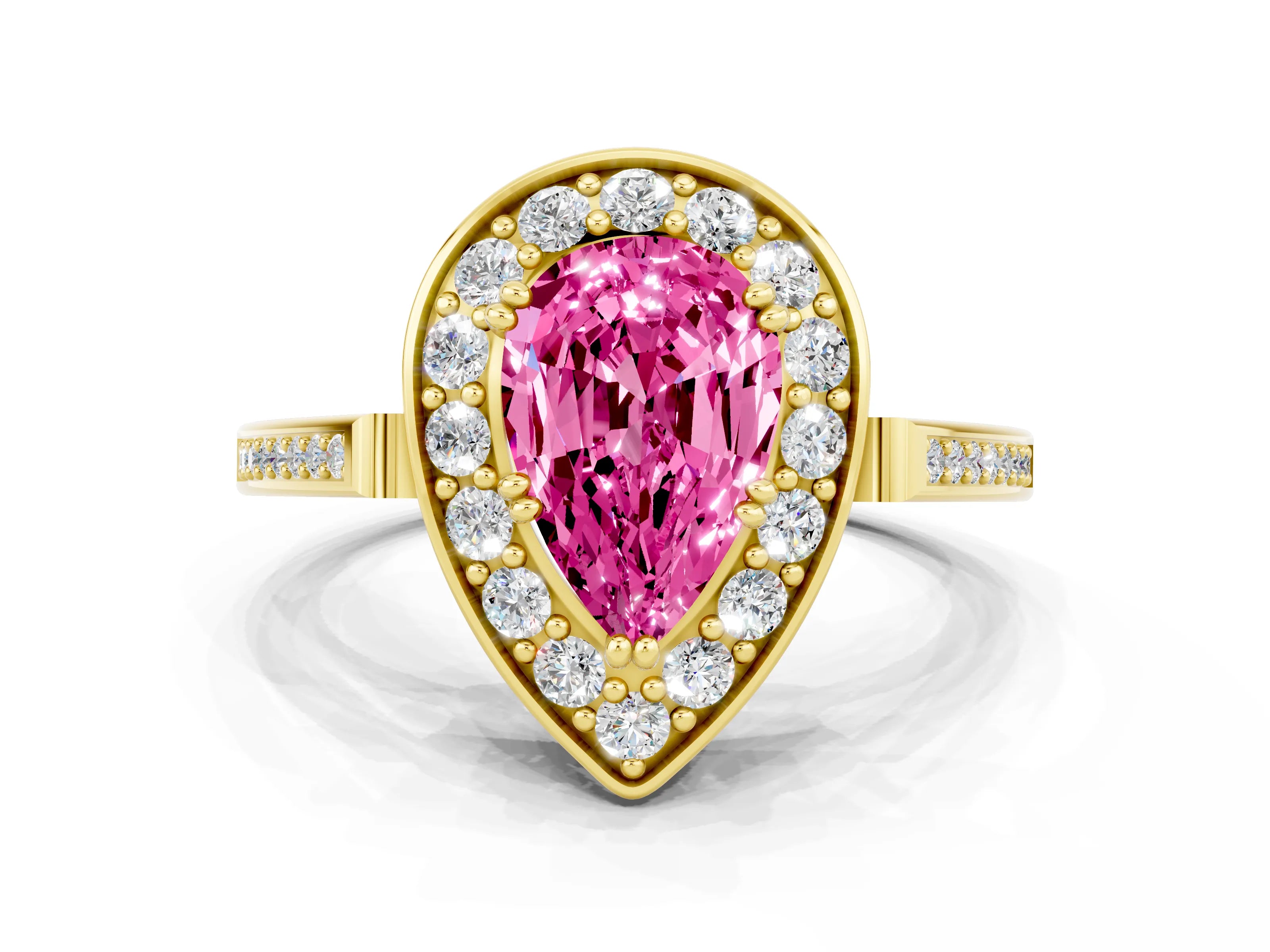 Yellow gold {shape_name} Pink Sapphire Halo Ring with Split Shank and Four-Prong Setting