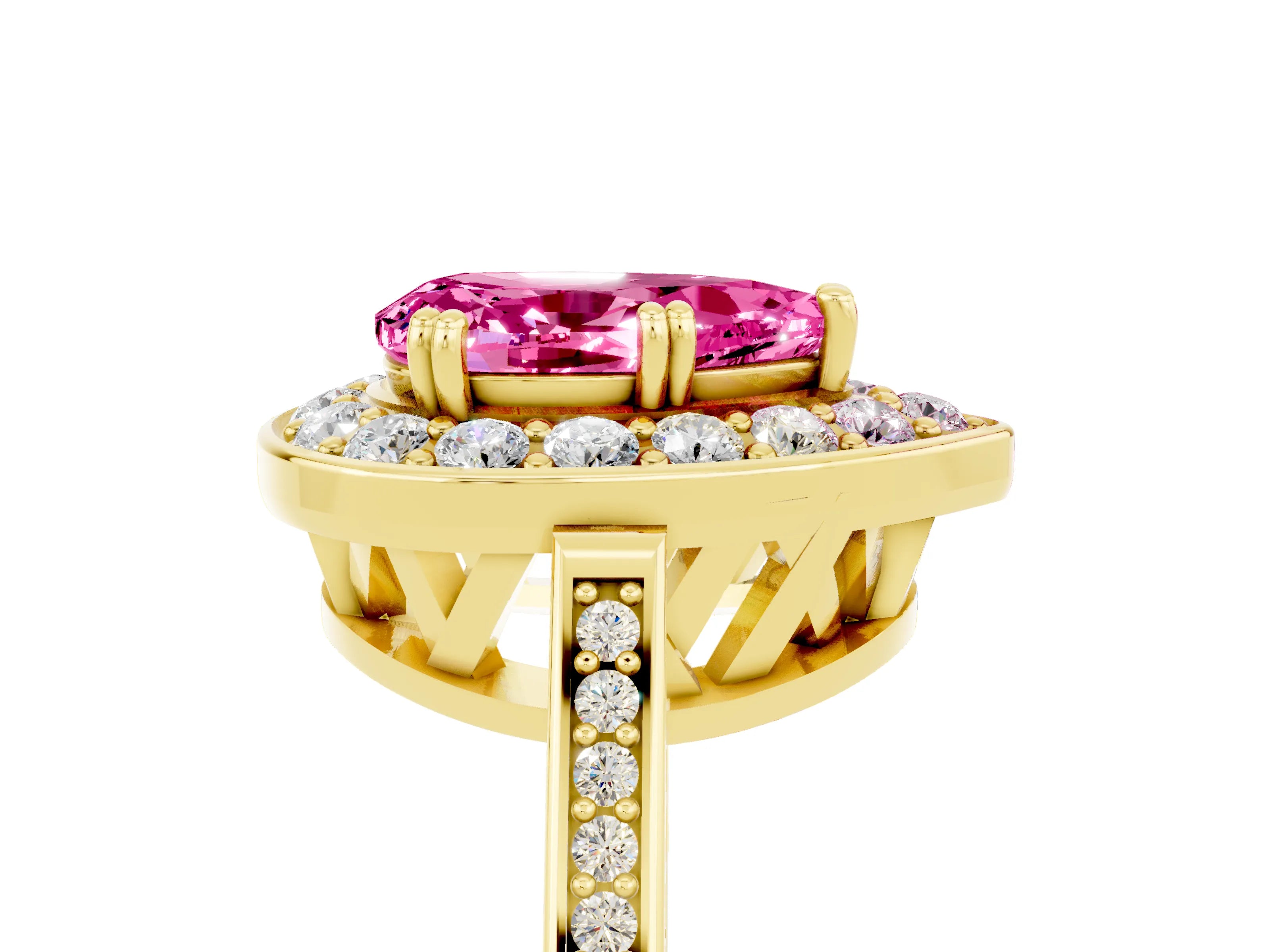 Yellow gold {shape_name} Pink Sapphire Halo Ring with Split Shank and Four-Prong Setting_5