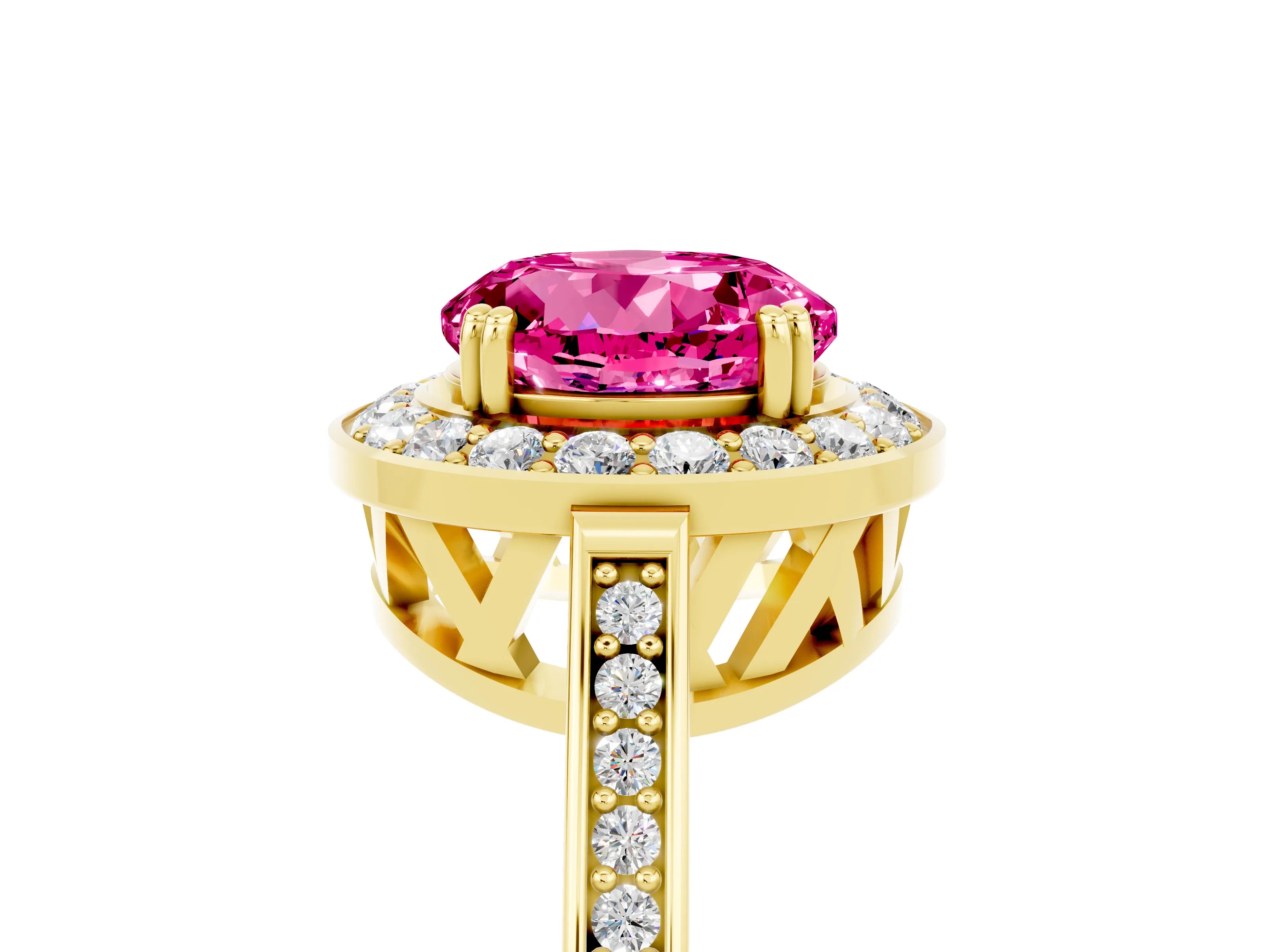 Yellow gold {shape_name} Pink Sapphire Halo Ring with Split Shank and Four-Prong Setting_5