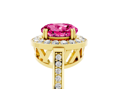 Yellow gold {shape_name} Pink Sapphire Halo Ring with Split Shank and Four-Prong Setting_5