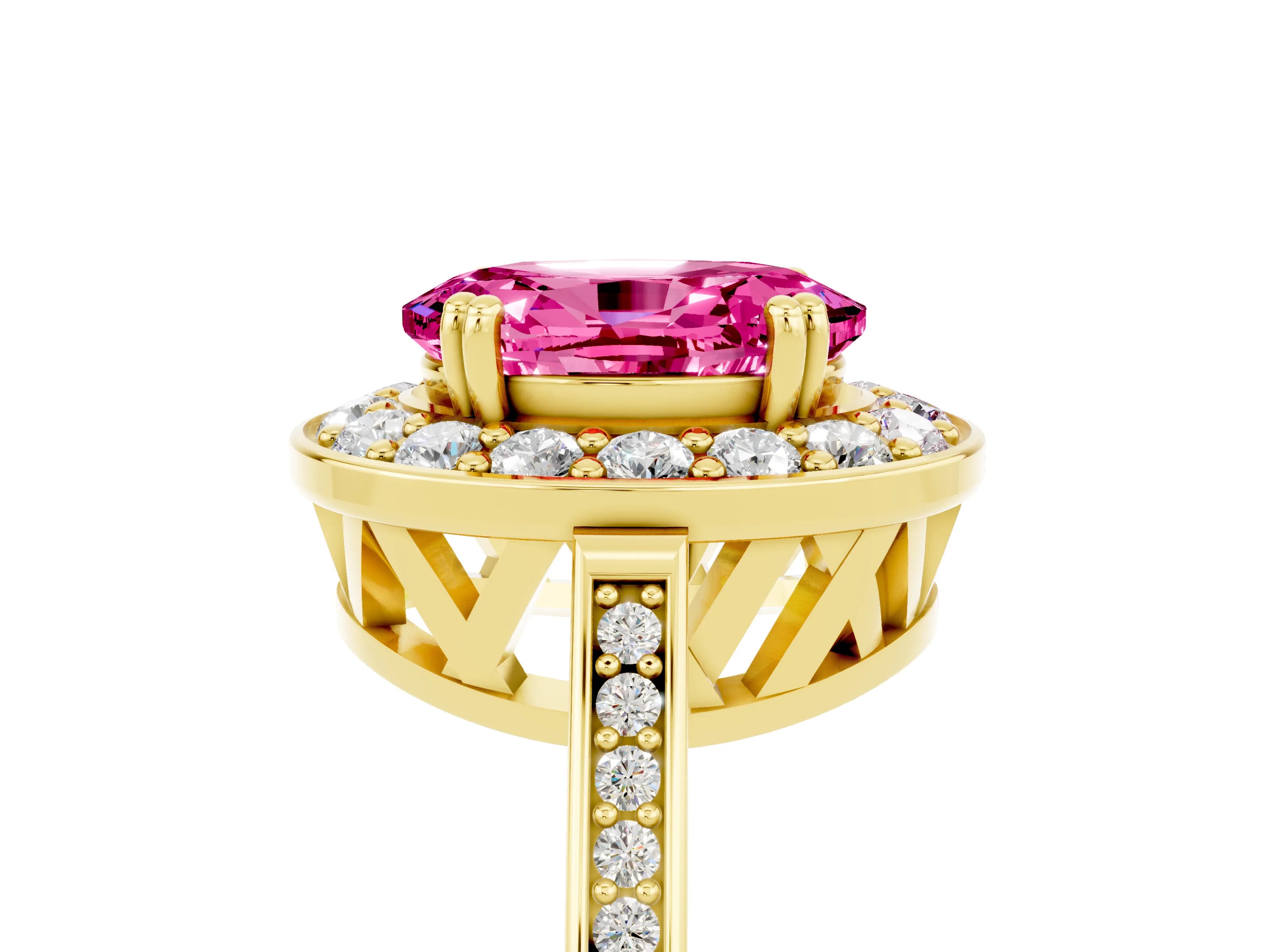 Yellow gold {shape_name} Pink Sapphire Halo Ring with Split Shank and Four-Prong Setting_5