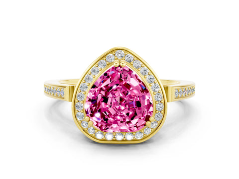 Yellow gold {shape_name} Pink Sapphire Halo Ring with Split Shank and Four-Prong Setting