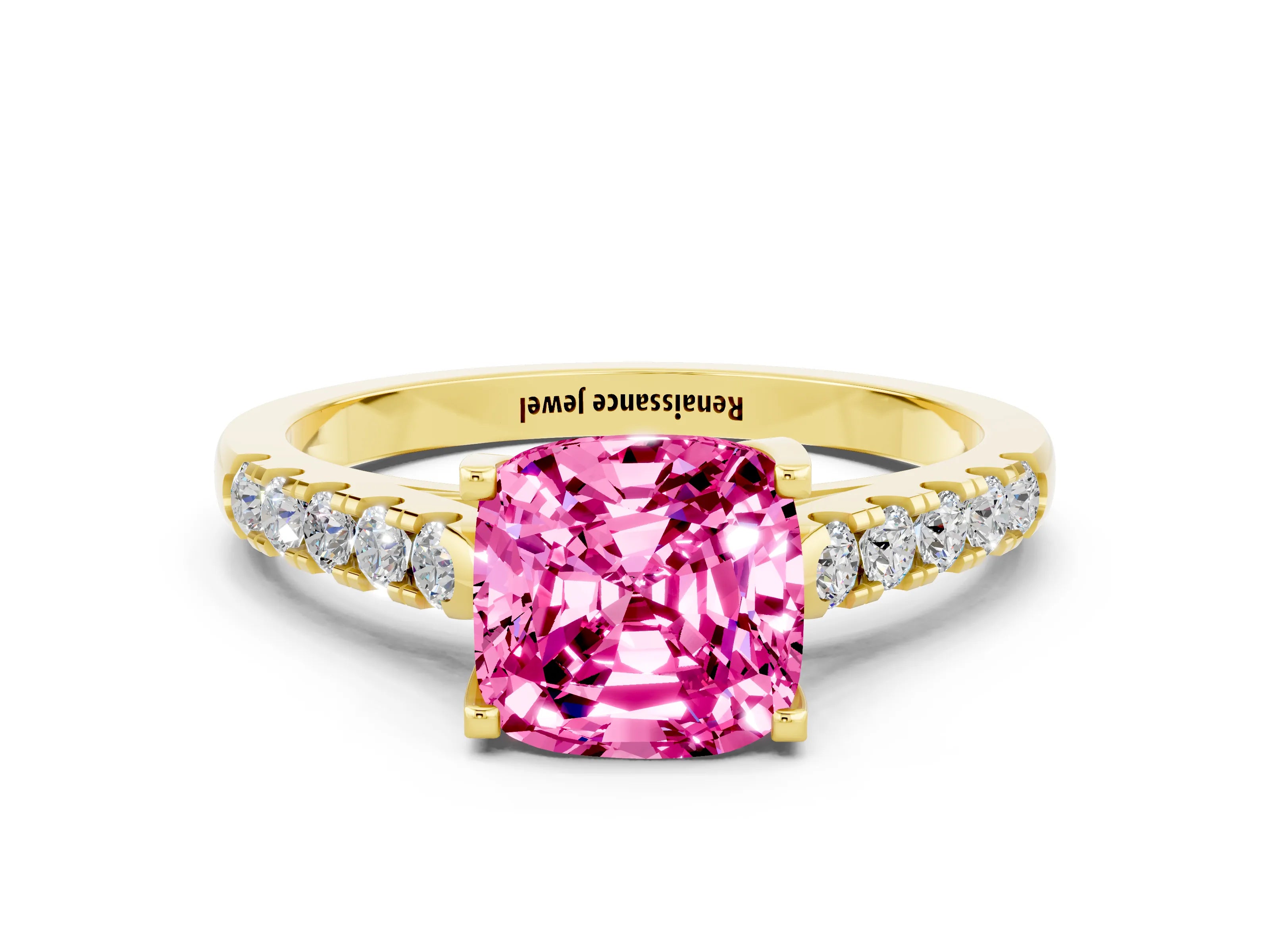 Yellow gold {shape_name} Pink Sapphire Solitaire Ring with Pavé Band and Four-Prong Setting