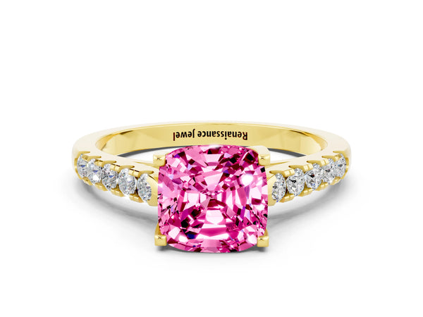 Yellow gold Cushion Cut Pink Sapphire Pavé Band Solitaire Ring with Prong Setting