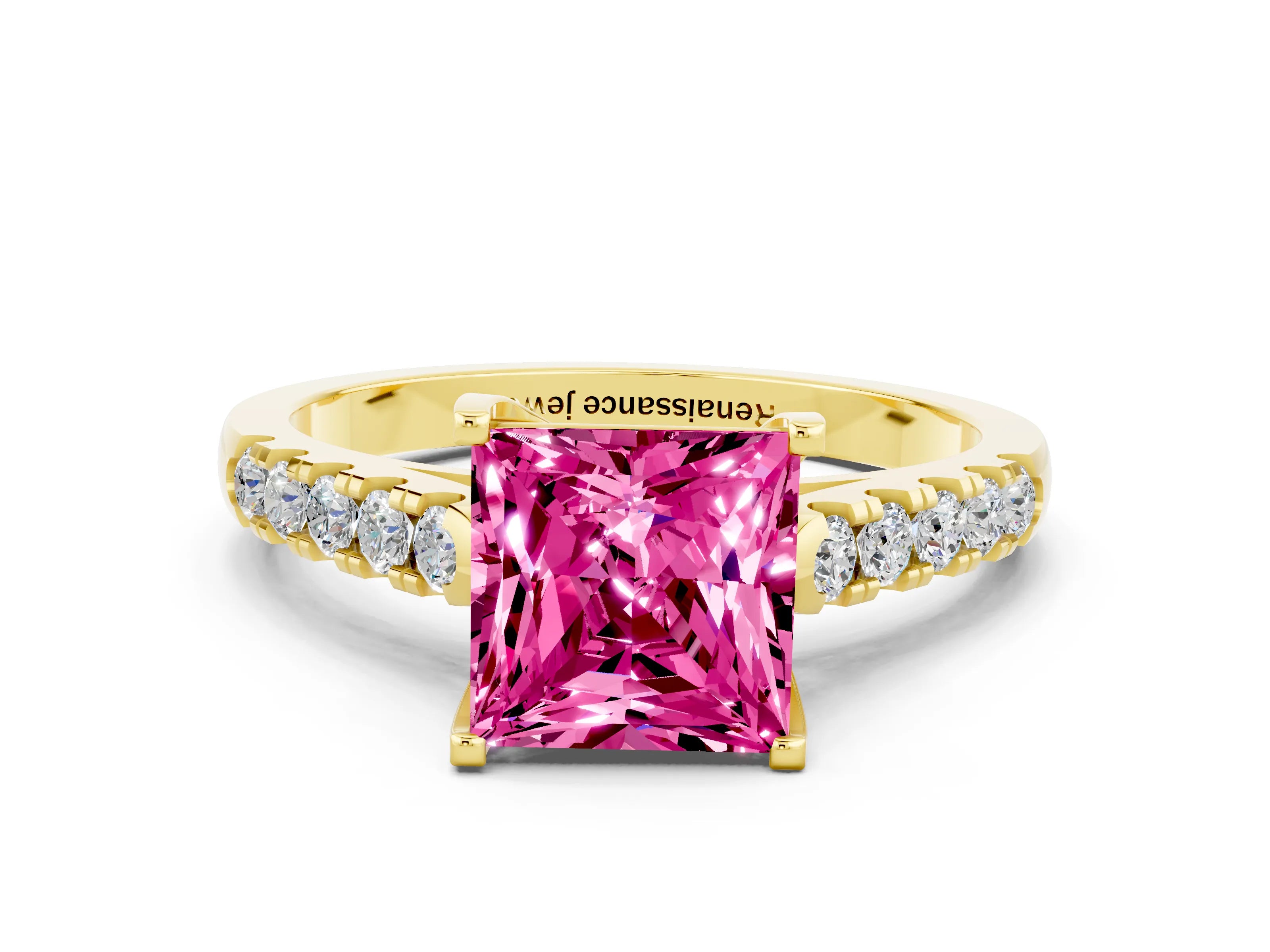 Yellow gold {shape_name} Pink Sapphire Solitaire Ring with Pavé Band and Four-Prong Setting