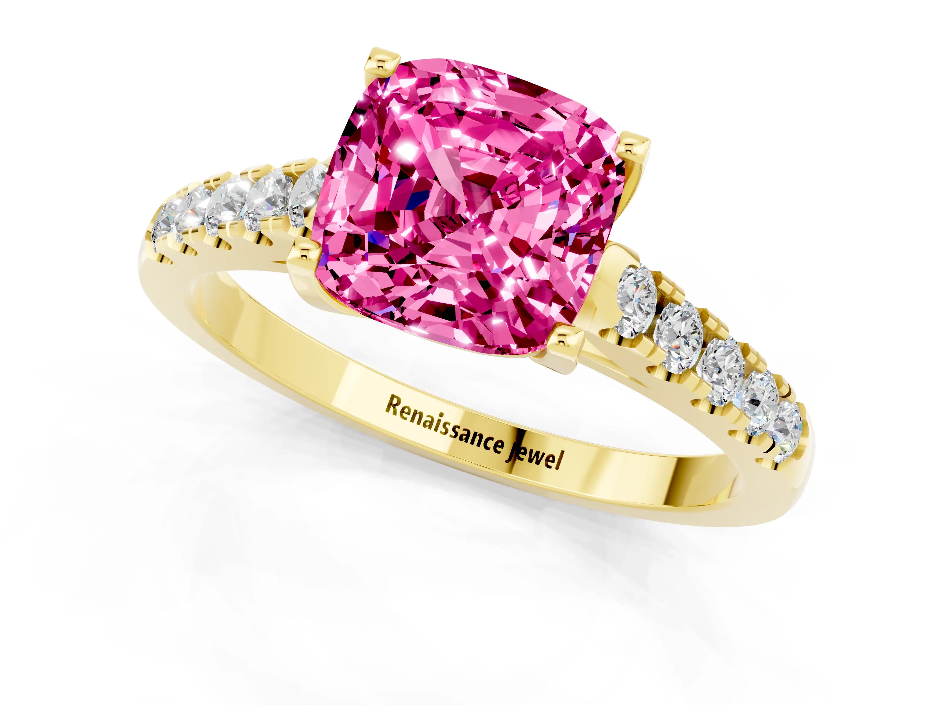 Yellow gold {shape_name} Pink Sapphire Solitaire Ring with Pavé Band and Four-Prong Setting_1