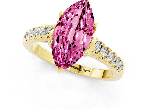 Yellow gold {shape_name} Pink Sapphire Solitaire Ring with Pavé Band and Four-Prong Setting_1