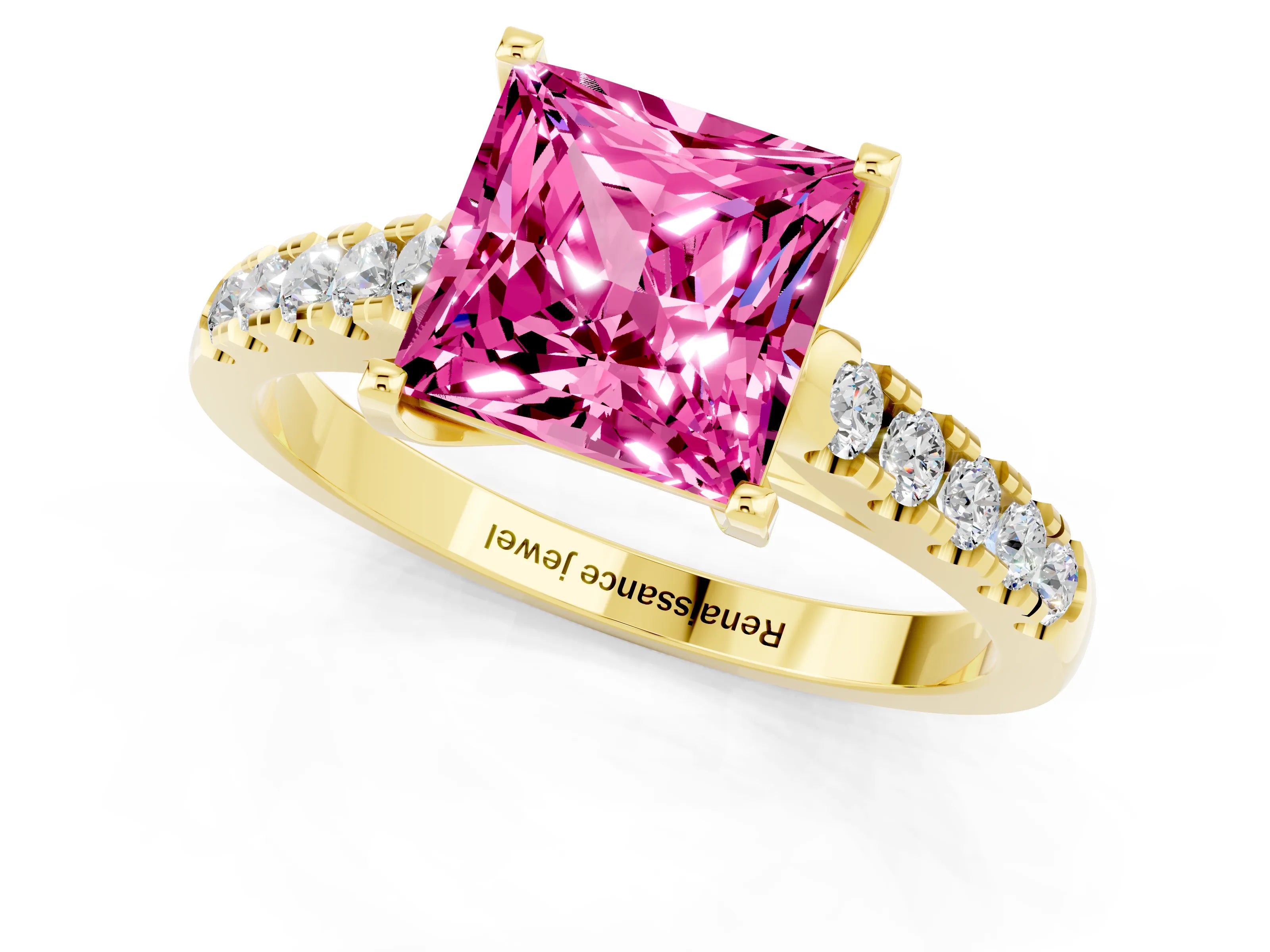 Yellow gold {shape_name} Pink Sapphire Solitaire Ring with Pavé Band and Four-Prong Setting_1