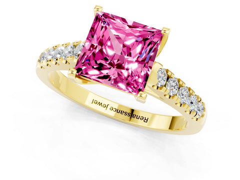 Yellow gold {shape_name} Pink Sapphire Solitaire Ring with Pavé Band and Four-Prong Setting_1