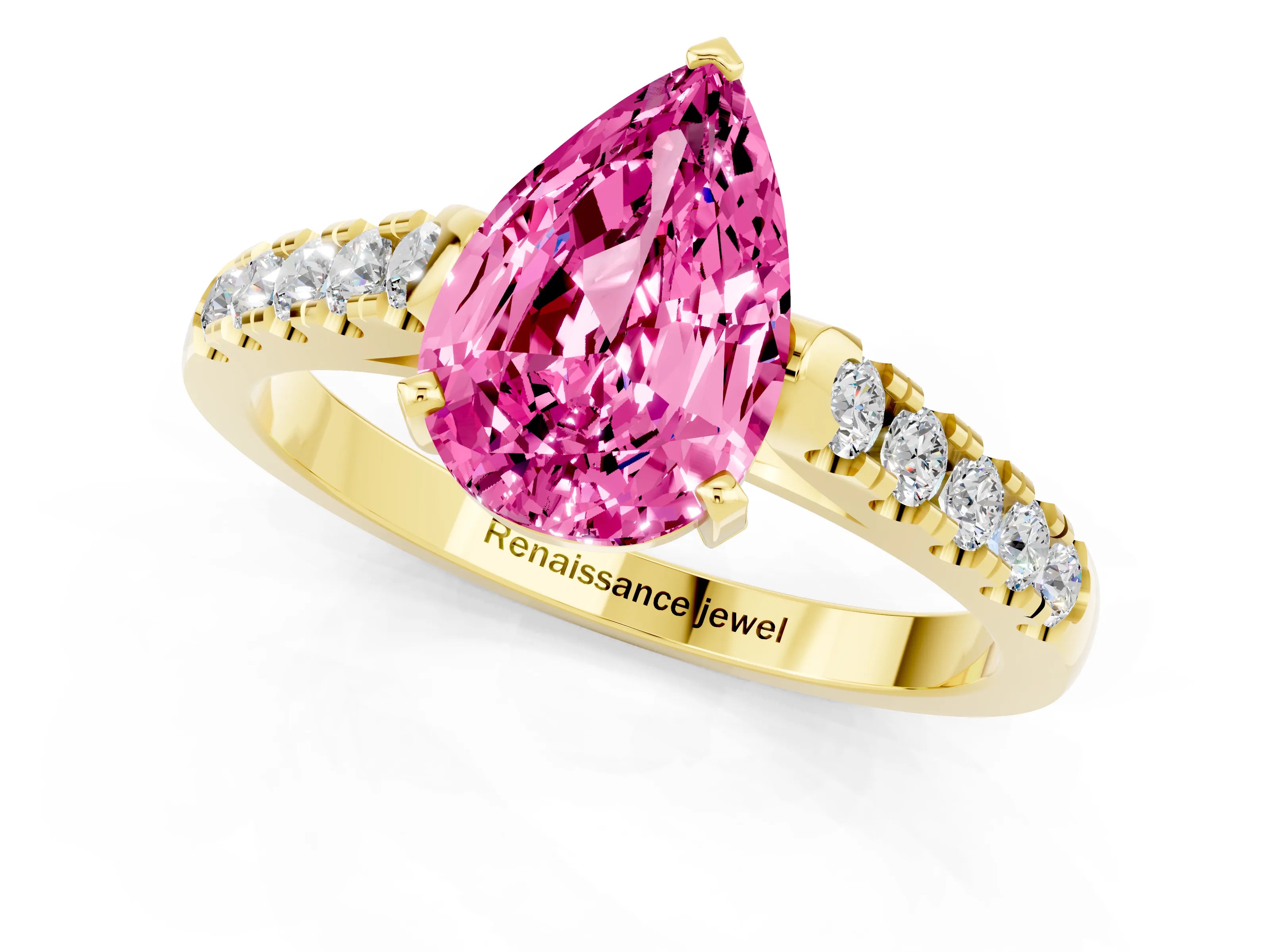 Yellow gold {shape_name} Pink Sapphire Solitaire Ring with Pavé Band and Four-Prong Setting_1