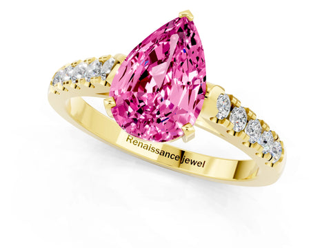 Yellow gold {shape_name} Pink Sapphire Solitaire Ring with Pavé Band and Four-Prong Setting_1