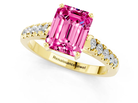 Yellow gold {shape_name} Pink Sapphire Solitaire Ring with Pavé Band and Four-Prong Setting_1
