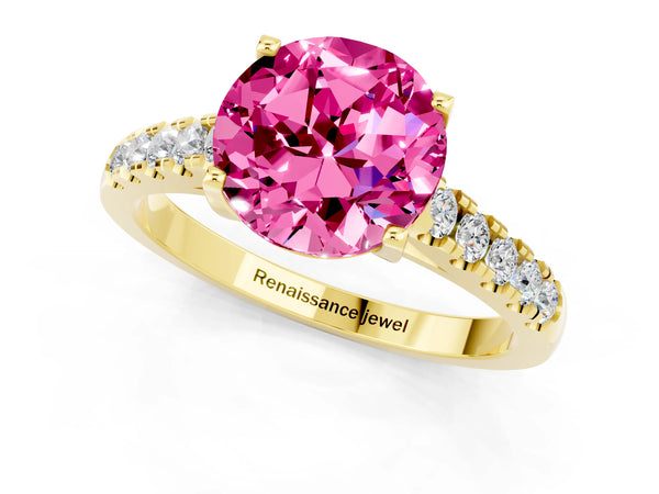 Yellow gold Round Cut Pink Sapphire Pavé Band Solitaire Ring with Prong Setting