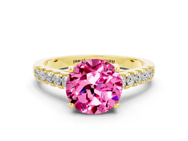 Yellow gold Round Cut Pink Sapphire Pavé Band Solitaire Ring with Prong Setting
