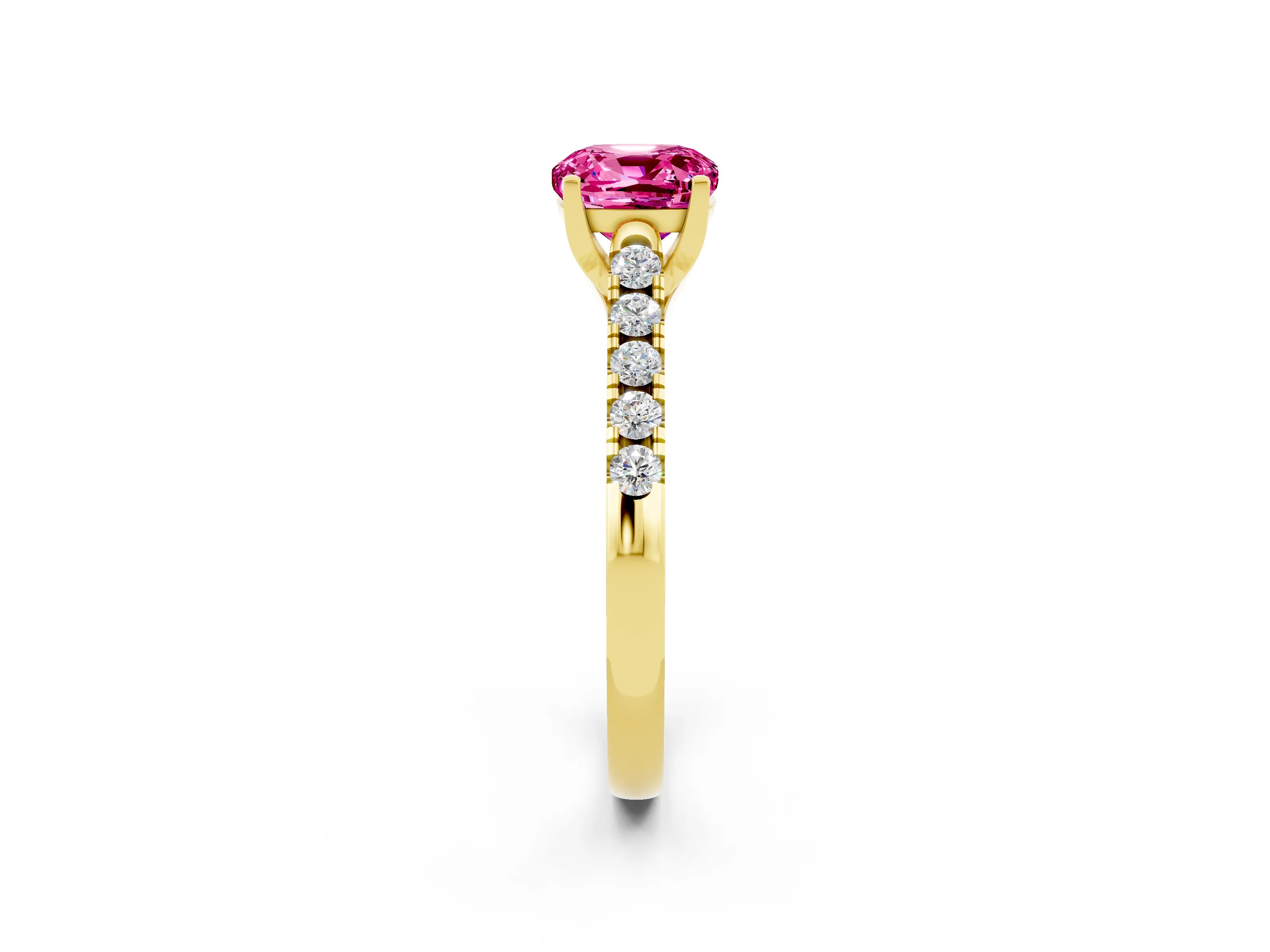 Yellow gold {shape_name} Pink Sapphire Solitaire Ring with Pavé Band and Four-Prong Setting_2