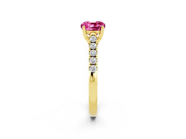 Yellow gold Cushion Cut Pink Sapphire Pavé Band Solitaire Ring with Prong Setting