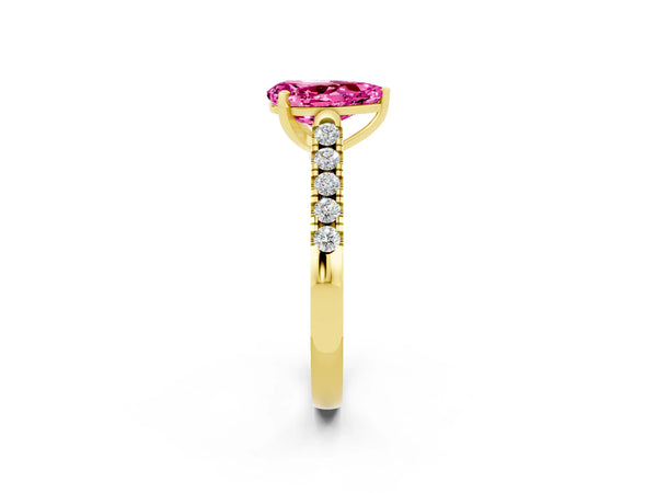 Yellow gold Pear Cut Pink Sapphire Pavé Band Solitaire Ring with Prong Setting