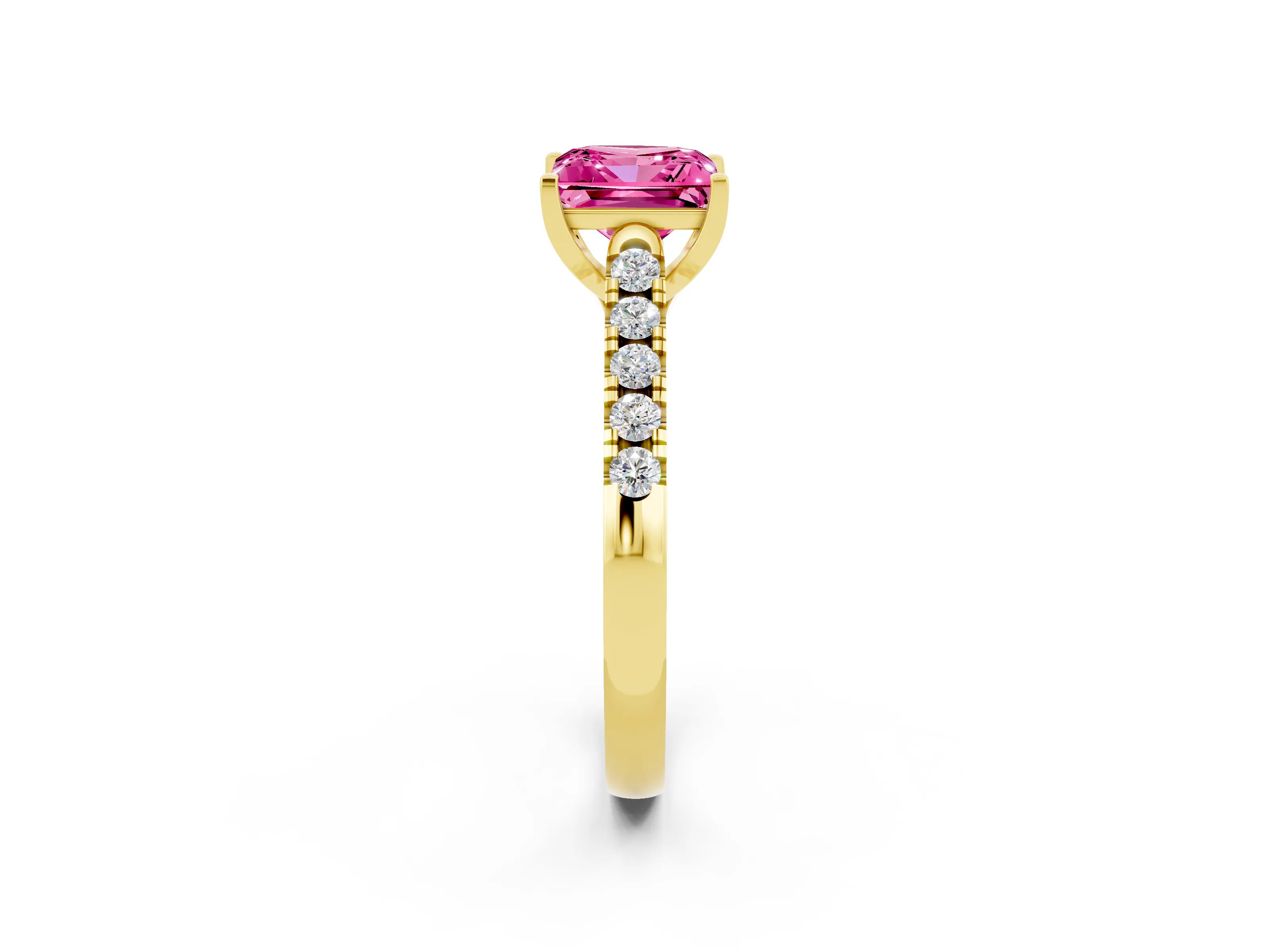 Yellow gold {shape_name} Pink Sapphire Solitaire Ring with Pavé Band and Four-Prong Setting_2