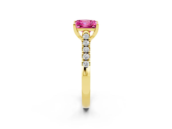 Yellow gold Princess Cut Pink Sapphire Pavé Band Solitaire Ring with Prong Setting