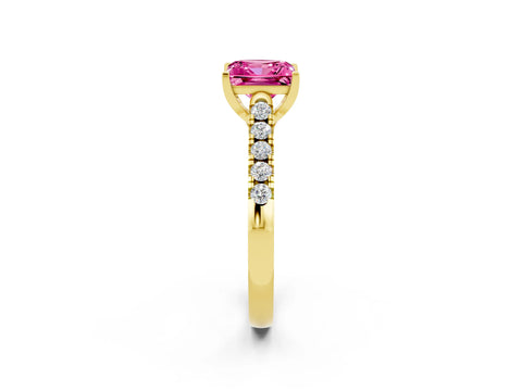 Yellow gold {shape_name} Pink Sapphire Solitaire Ring with Pavé Band and Four-Prong Setting_2