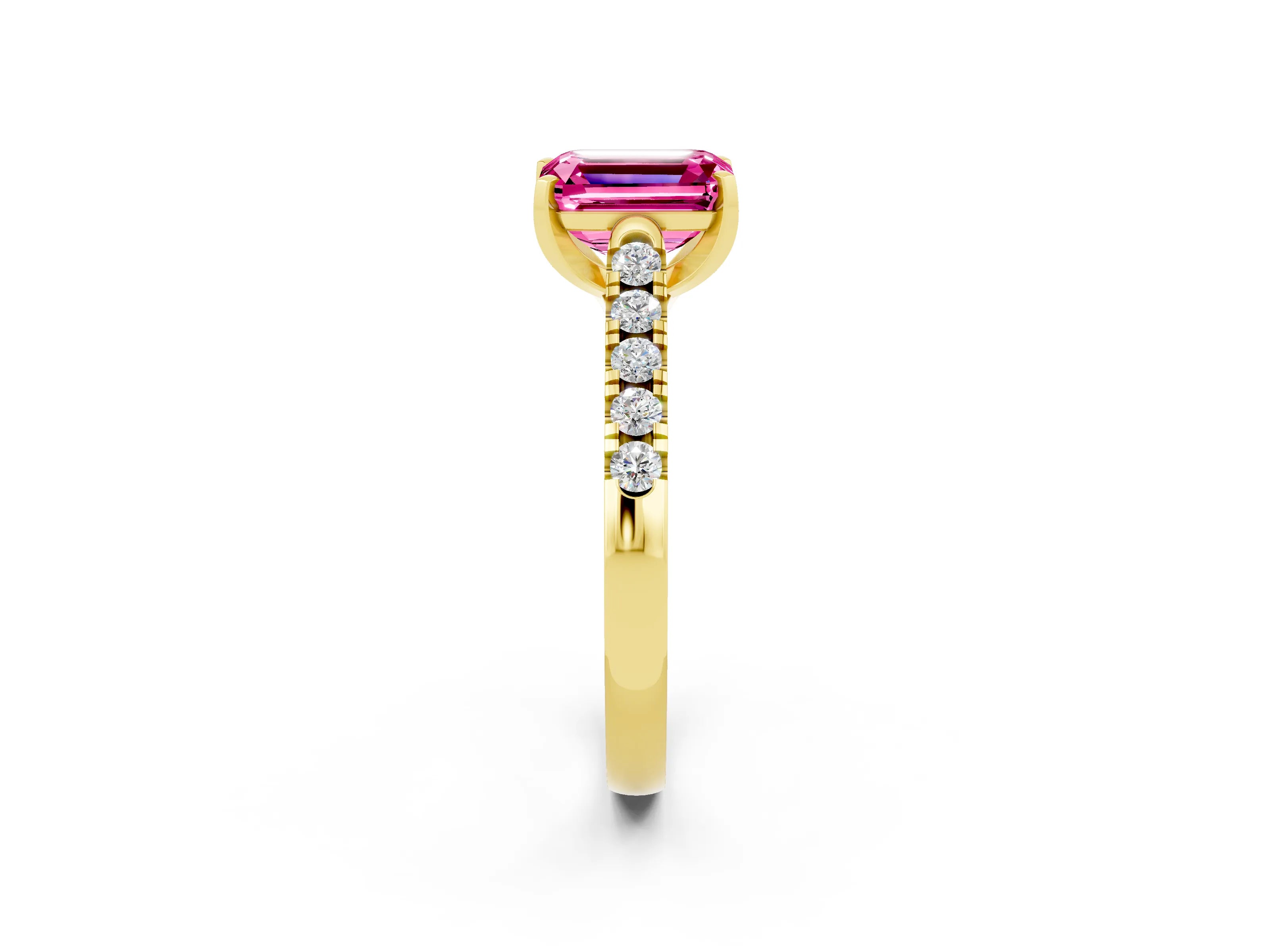 Yellow gold {shape_name} Pink Sapphire Solitaire Ring with Pavé Band and Four-Prong Setting_2