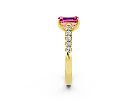 Yellow gold {shape_name} Pink Sapphire Solitaire Ring with Pavé Band and Four-Prong Setting_2
