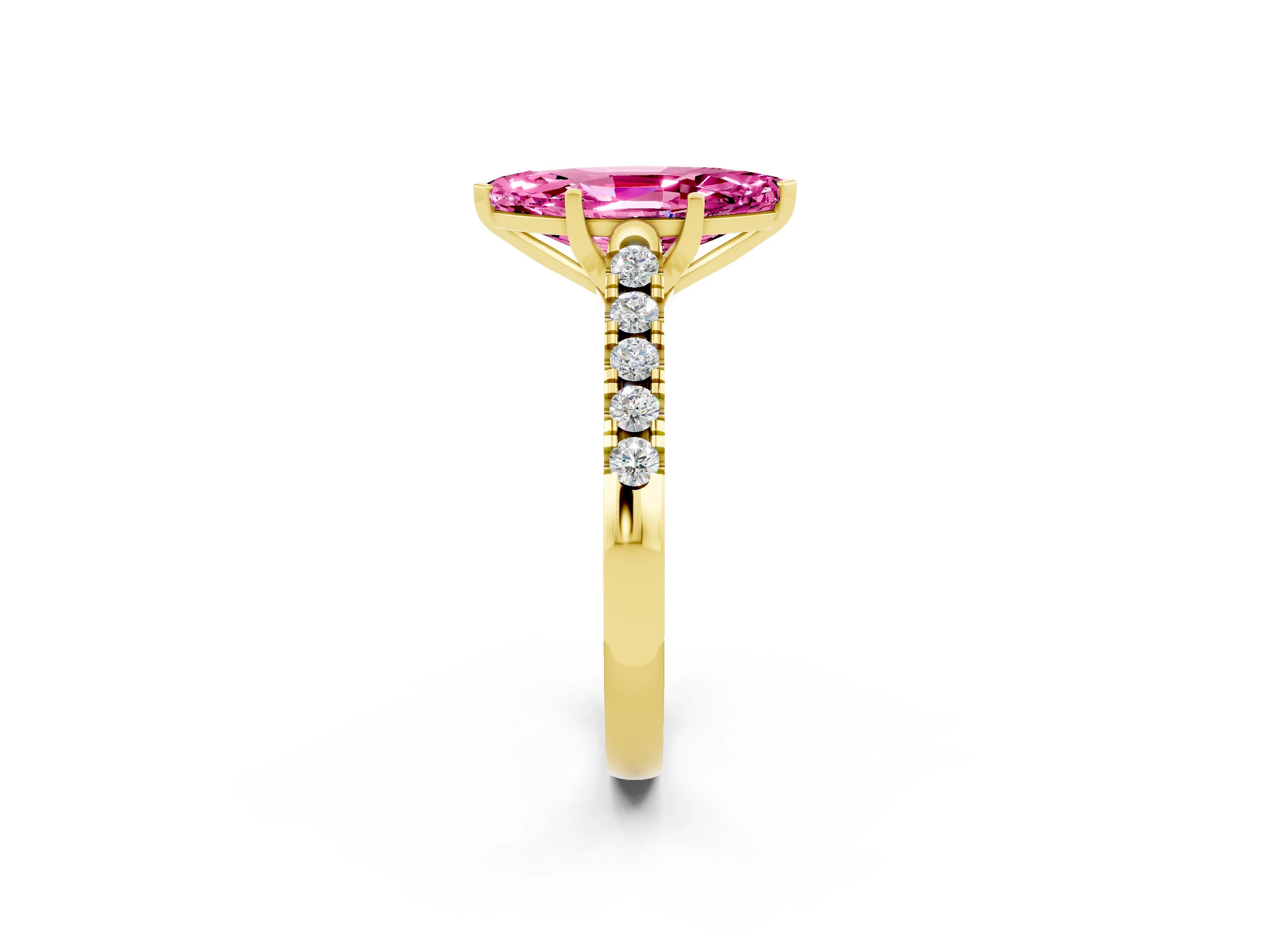 Yellow gold {shape_name} Pink Sapphire Solitaire Ring with Pavé Band and Four-Prong Setting_2