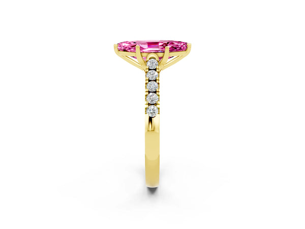 Yellow gold Marquise Cut Pink Sapphire Pavé Band Solitaire Ring with Prong Setting