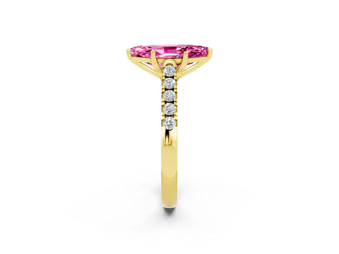 Yellow gold {shape_name} Pink Sapphire Solitaire Ring with Pavé Band and Four-Prong Setting_2