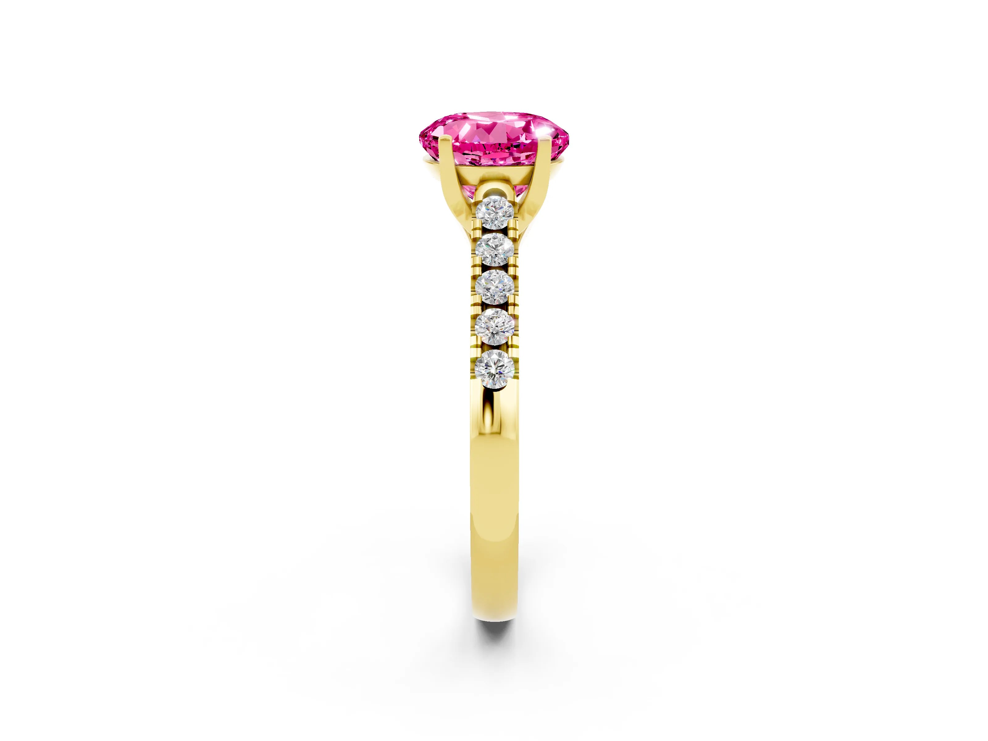 Yellow gold {shape_name} Pink Sapphire Solitaire Ring with Pavé Band and Four-Prong Setting_2
