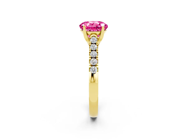 Yellow gold Round Cut Pink Sapphire Pavé Band Solitaire Ring with Prong Setting