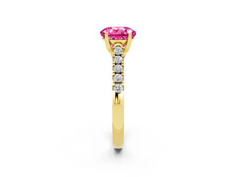 Yellow gold {shape_name} Pink Sapphire Solitaire Ring with Pavé Band and Four-Prong Setting_2