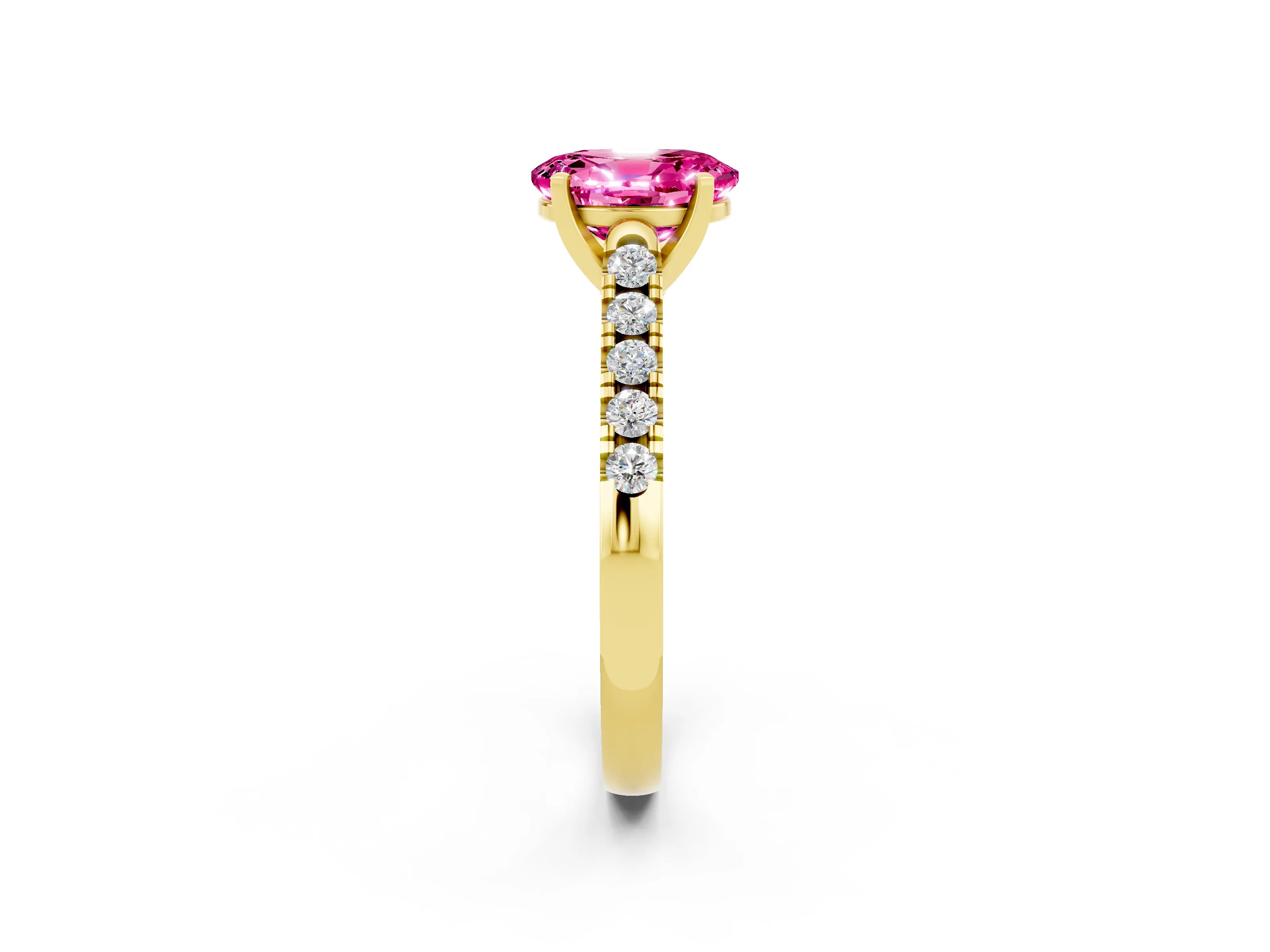 Yellow gold {shape_name} Pink Sapphire Solitaire Ring with Pavé Band and Four-Prong Setting_2