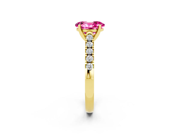 Yellow gold Oval Cut Pink Sapphire Pavé Band Solitaire Ring with Prong Setting