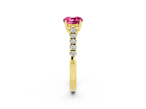 Yellow gold {shape_name} Pink Sapphire Solitaire Ring with Pavé Band and Four-Prong Setting_2