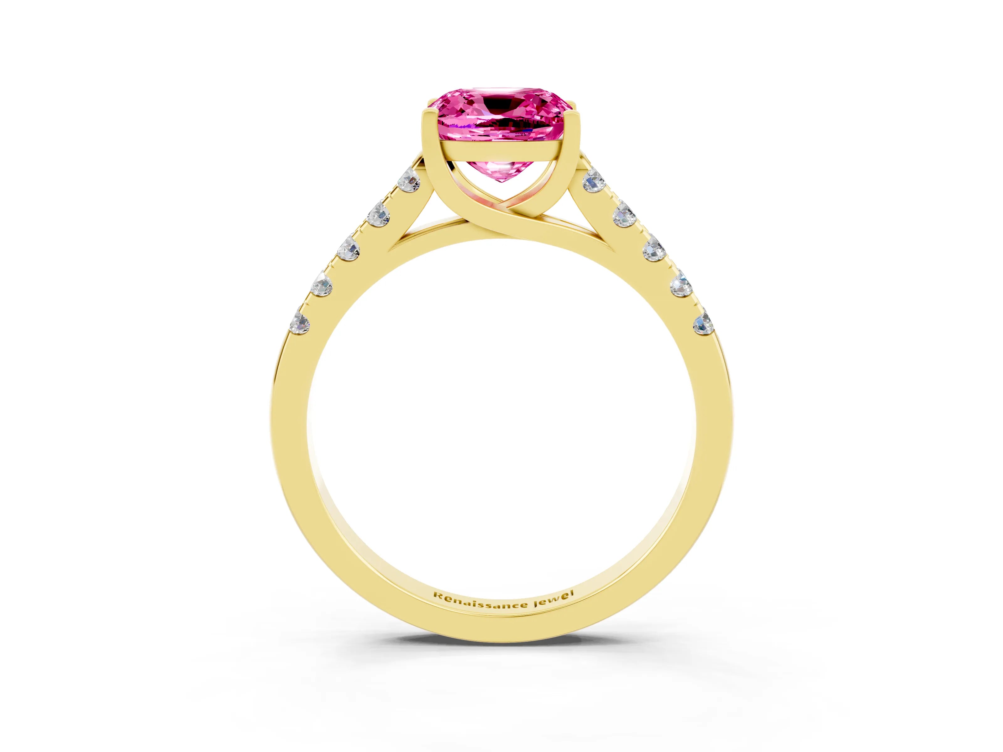 Yellow gold {shape_name} Pink Sapphire Solitaire Ring with Pavé Band and Four-Prong Setting_3