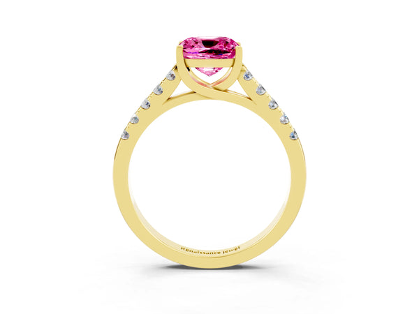 Yellow gold Cushion Cut Pink Sapphire Pavé Band Solitaire Ring with Prong Setting