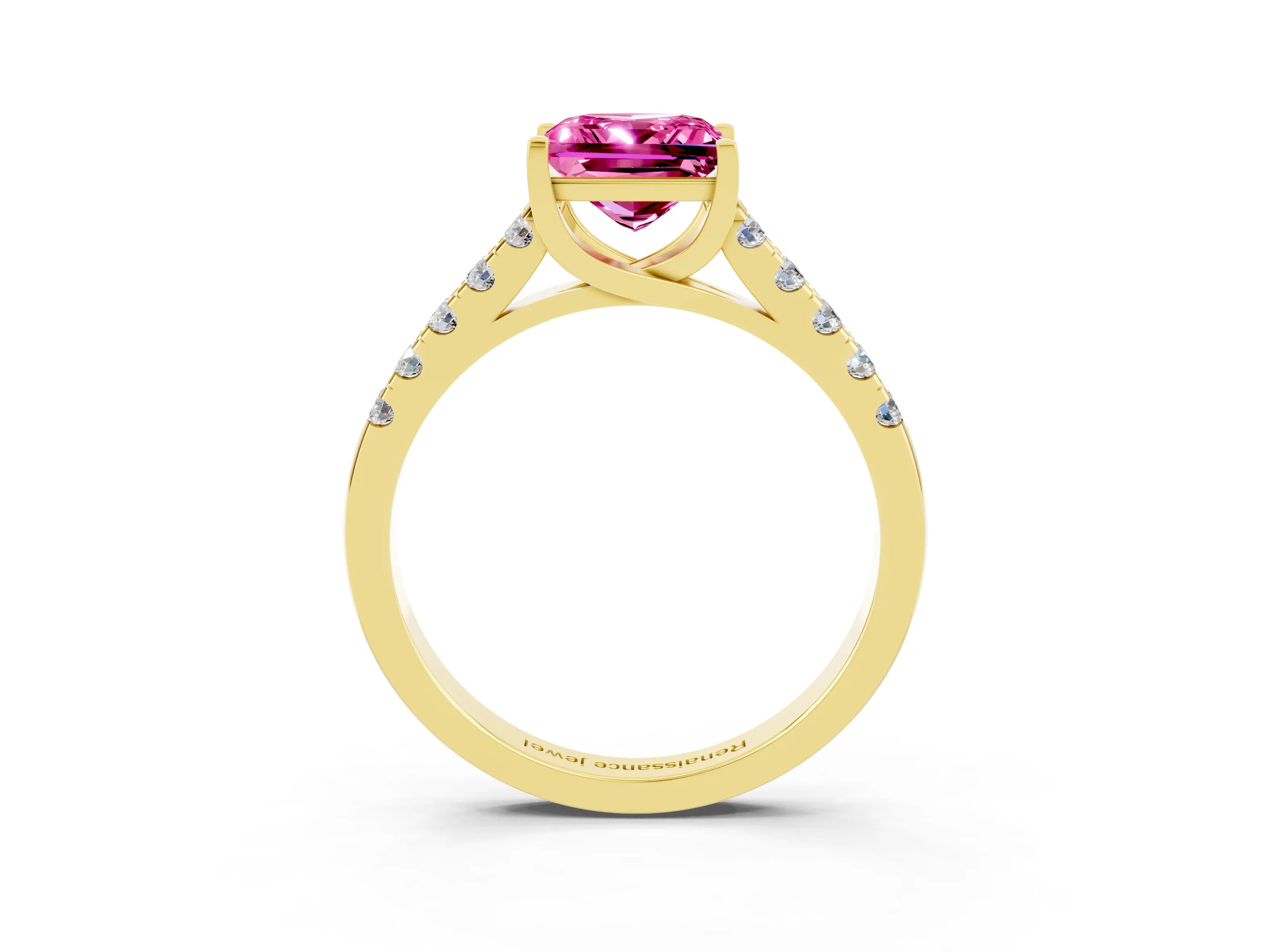 Yellow gold {shape_name} Pink Sapphire Solitaire Ring with Pavé Band and Four-Prong Setting_3
