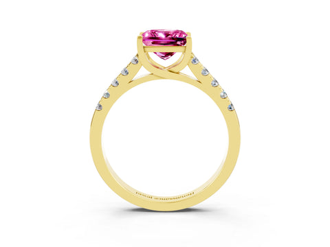 Yellow gold {shape_name} Pink Sapphire Solitaire Ring with Pavé Band and Four-Prong Setting_3