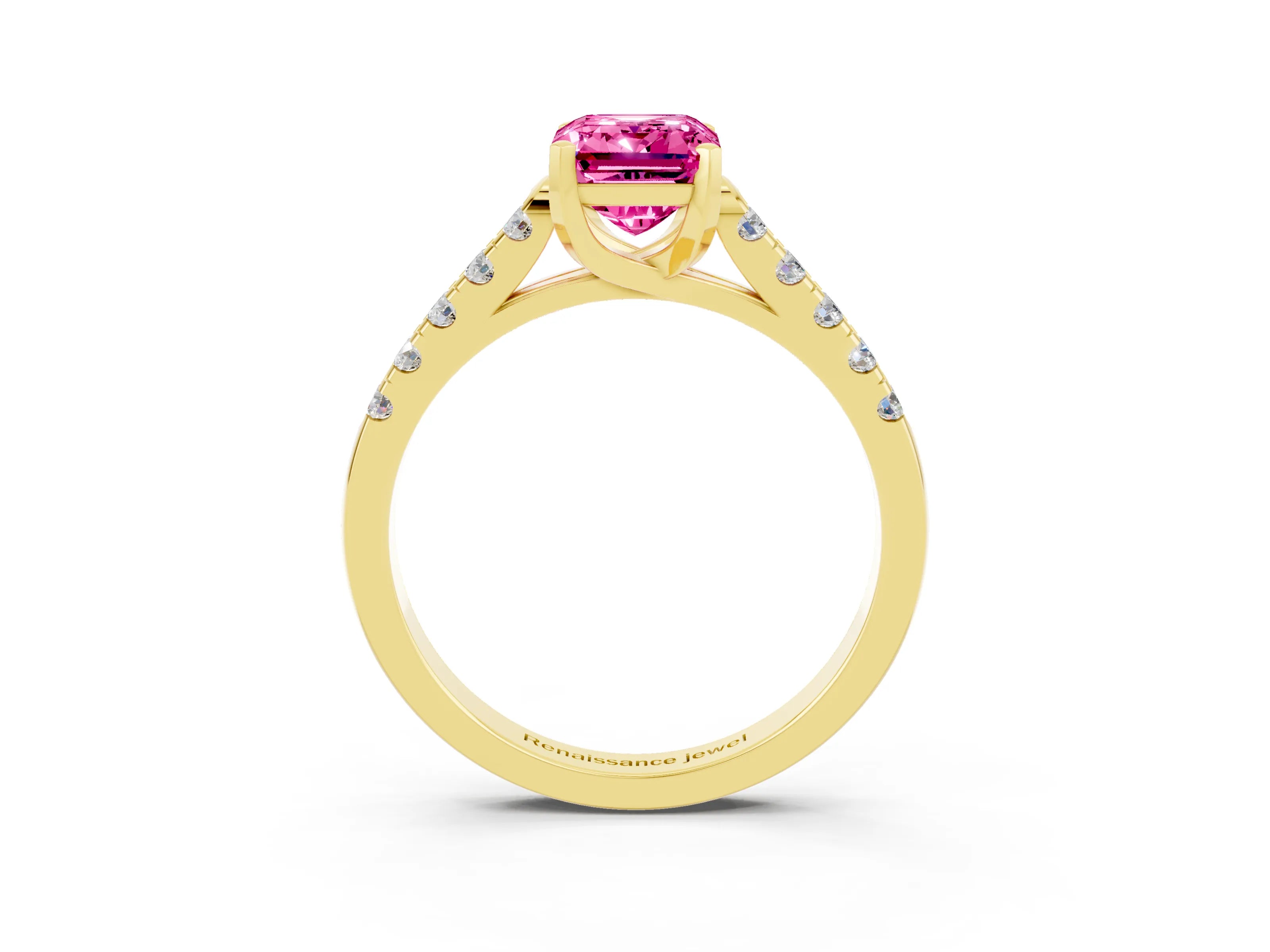 Yellow gold {shape_name} Pink Sapphire Solitaire Ring with Pavé Band and Four-Prong Setting_3