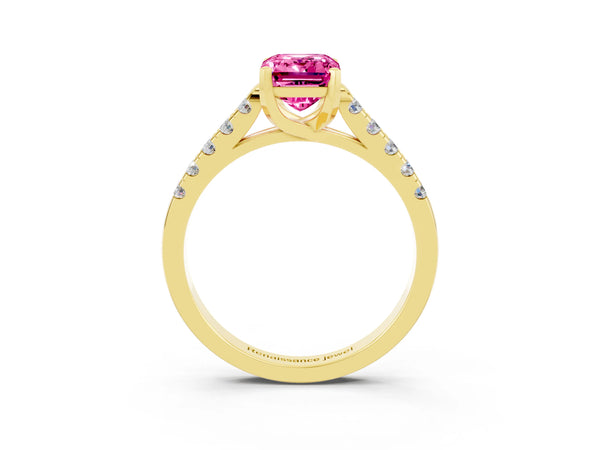 Yellow gold Emerald Cut Pink Sapphire Pavé Band Solitaire Ring with Prong Setting