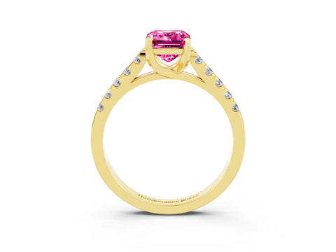Yellow gold {shape_name} Pink Sapphire Solitaire Ring with Pavé Band and Four-Prong Setting_3